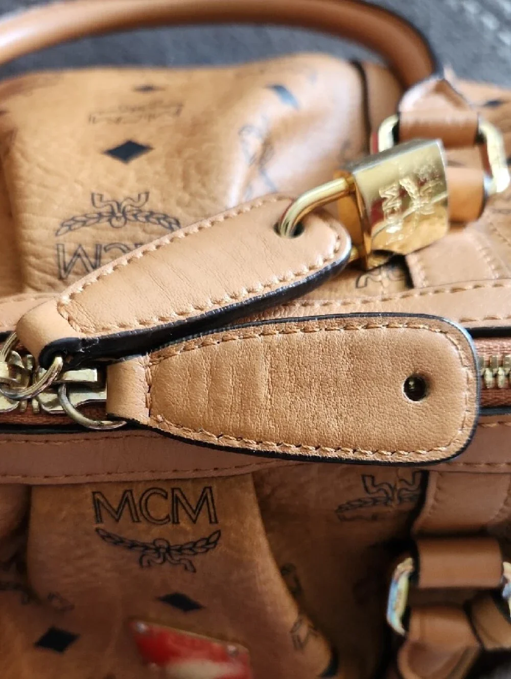 MCM Cognac Logo Visetos Satchel with Gold Hardware - Picture 11 of 15